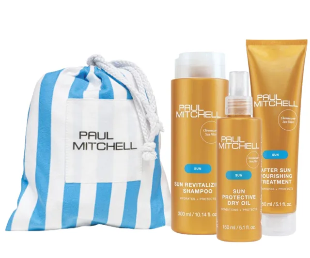 Sada pro vlasy namáhané sluncem Paul Mitchell Sun Trio + stahovací vak Paul Mitchell zdarma + dárek zdarma