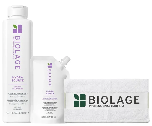Sada šamponu a hloubkové péče pro hydrataci suchých vlasů Biolage Hydra Source + bavlněný ručník zdarma + dárek zdarma