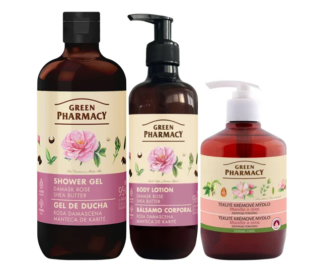 Sada tělové péče s damašskou růží a bambuckým máslem Green Pharmacy Damask Rose + tekuté mýdlo zdarma + dárek zdarma