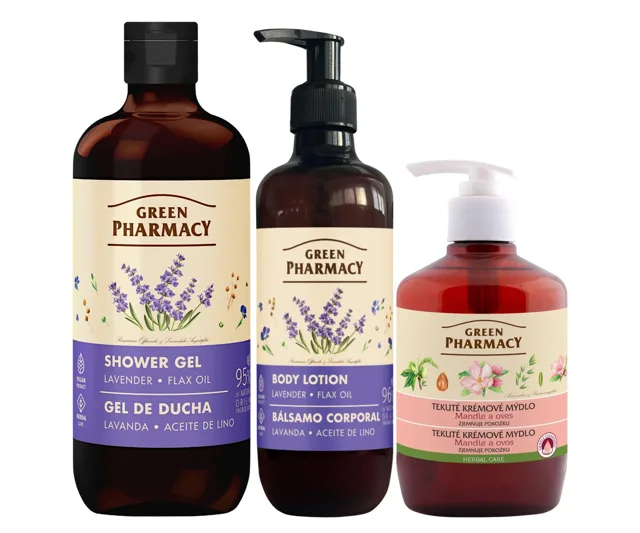 Sada tělové péče s levandulí a lněným olejem Green Pharmacy Lavender + tekuté mýdlo zdarma + dárek zdarma