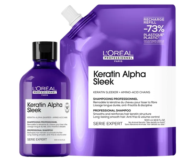 Šampon pro uhlazení krepatých vlasů Loréal Professionnel Serie Expert Keratin Alpha Sleek - 300 ml + náhradní náplň - 500 ml - L’Oréal Professionnel +