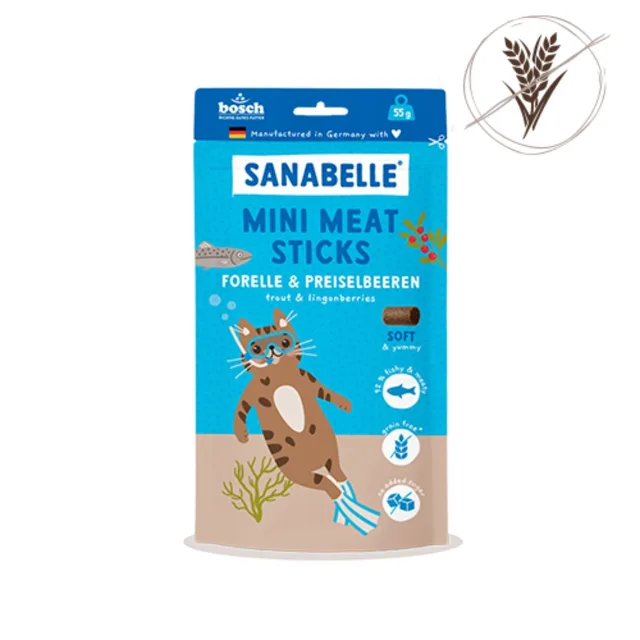 SANABELLE Mini masové tyčinky pstruh a brusinky 55g bezobilný pamlsek pro kočky