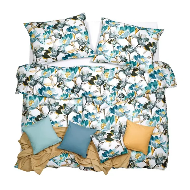 SCANquilt povlečení ART JERSEY aqua bloom tyrkysovošedá 140 x 200/70 x 90 cm