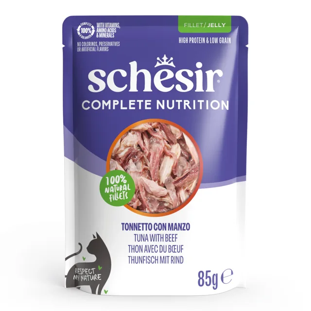 Schesir Complete Nutrition Filet v želé 12 x 85 g - tuňák & hovězí