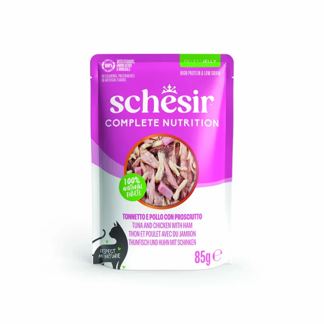 Schesir Complete Nutrition Filet v želé 24 x 85 g - výhodné balení - Tuňák a kuře se šunkou