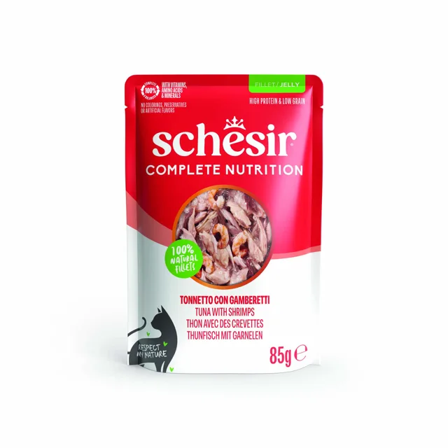 Schesir Complete Nutrition Filet v želé 24 x 85 g - výhodné balení - Tuňák s krevetami