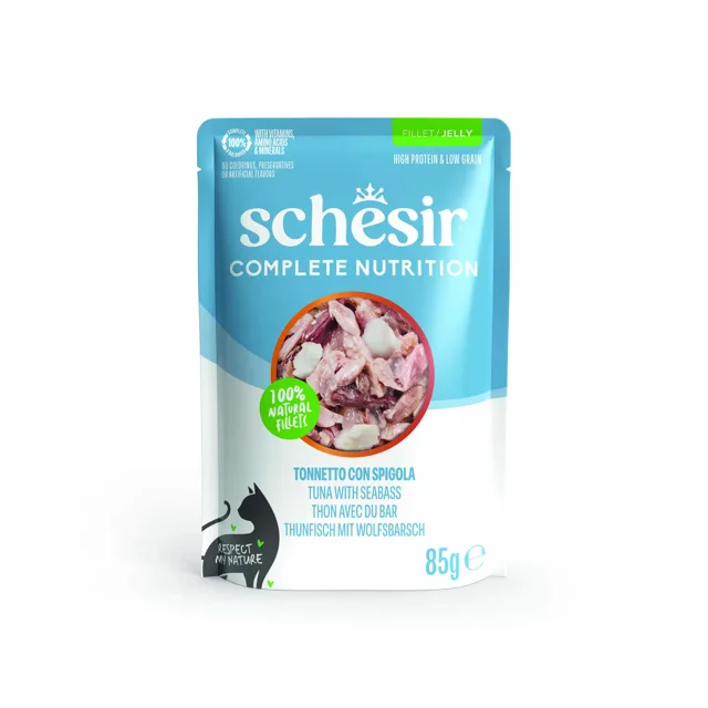 Schesir Complete Nutrition Filet v želé 24 x 85 g - výhodné balení - tuňák s mořským vlkem