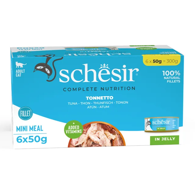 Schesir Complete Nutrition Fillet v želé 24 x 50 g - tuňák s mořským vlkem