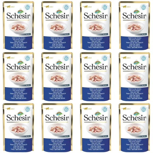 SCHESIR Doplňkové krmivo pro kočky s tuňákem a mořským vlkem 12x50 g