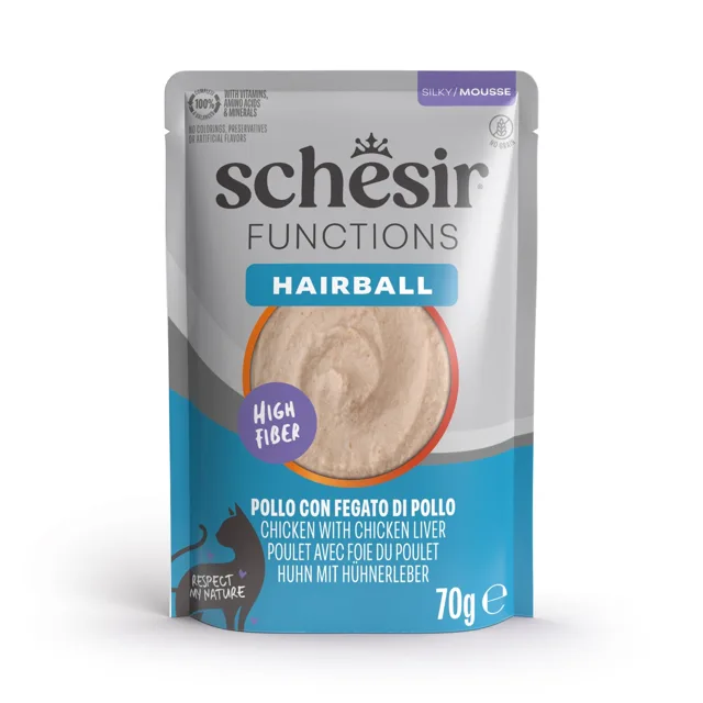 Schesir Functions Mousse 12 x 70 g - hairballs kuře a kuřecí játra