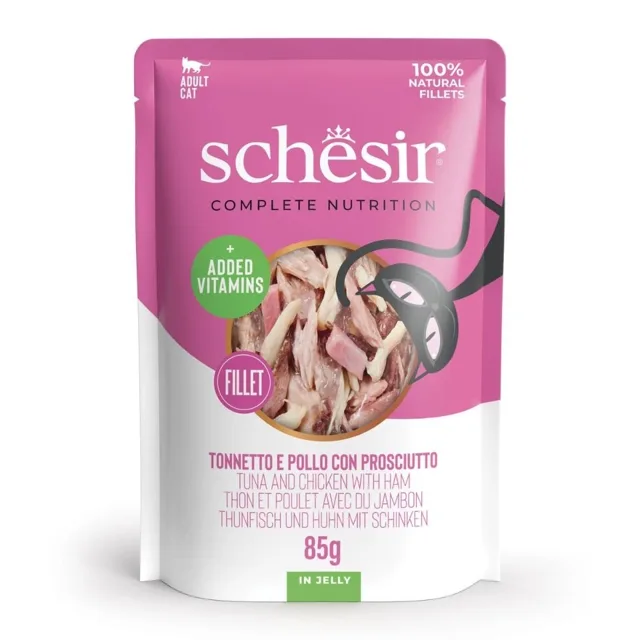 SCHESIR Jelly Adult Tuna&amp;Chicken&amp;Ham Tuňák a kuře se šunkou v želé pro kočky 85 g