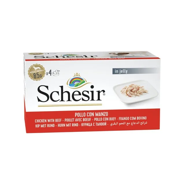 SCHESIR Kuřecí s hovězím masem v želé 4x85 g mokré krmivo pro psy