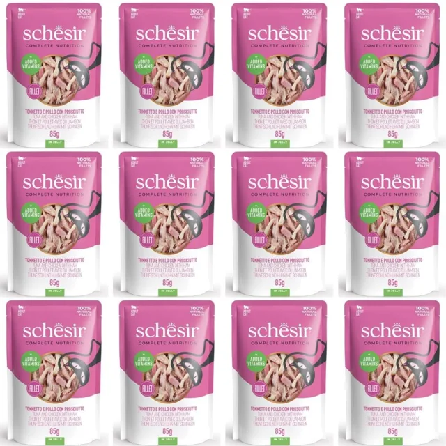 SCHESIR Tuňák a kuře se šunkou v želé pro kočky 12x85 g