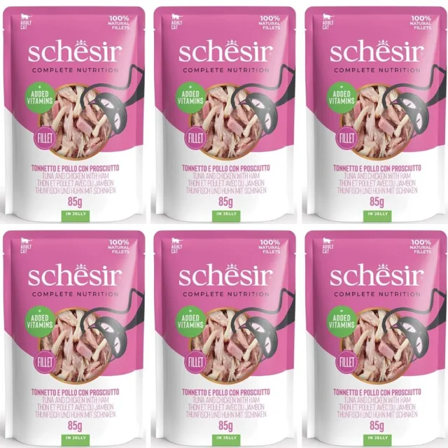 SCHESIR Tuňák a kuře se šunkou v želé pro kočky 6x85 g