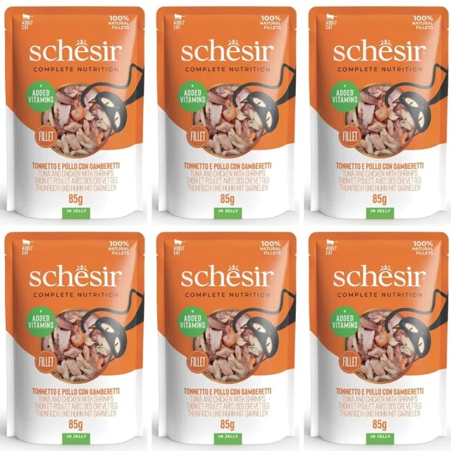 SCHESIR Tuňák a kuřecí maso s krevetami v želé pro kočky 6x85 g