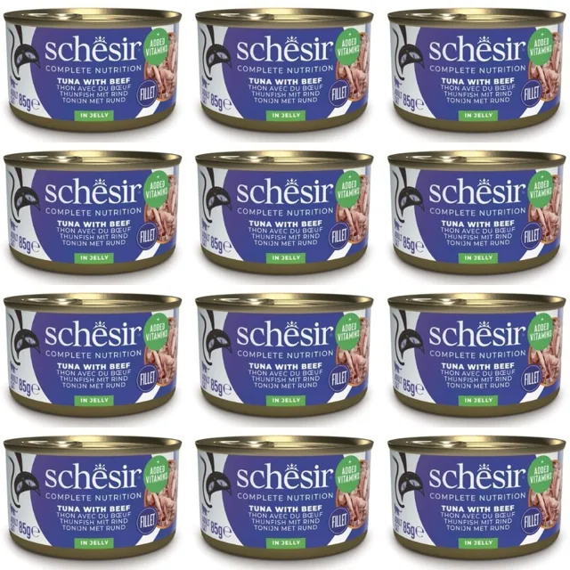SCHESIR Tuňák s hovězím masem v želé pro kočky 12x85 g