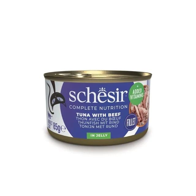 SCHESIR Tuňák s hovězím masem v želé pro kočky 85 g