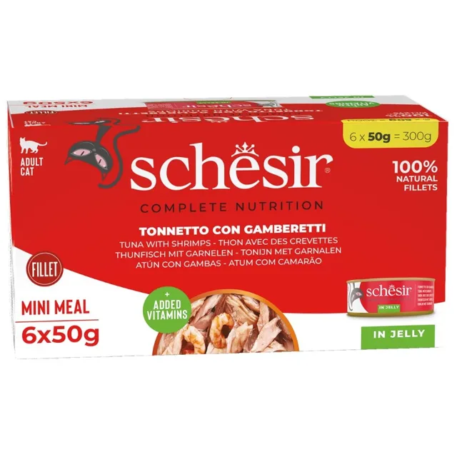 SCHESIR Tuňák s krevetami v želé 6x50 g mokré krmivo pro kočky