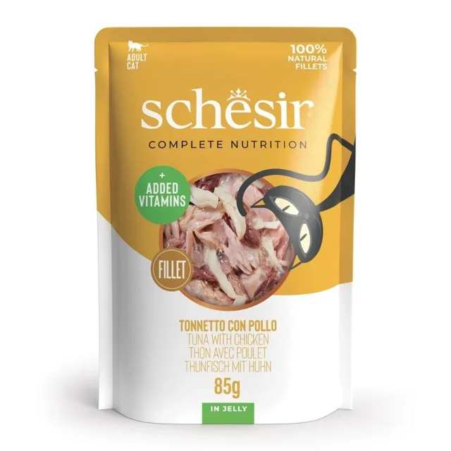 SCHESIR Tuňák s kuřecími filety v želé pro kočky 85 g