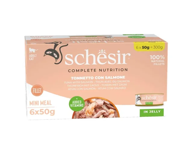 SCHESIR Tuňák s lososem v želé 6x50 g mokré krmivo pro kočky