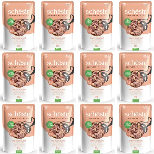 SCHESIR Tuňák s lososem v želé pro kočky 12x85 g