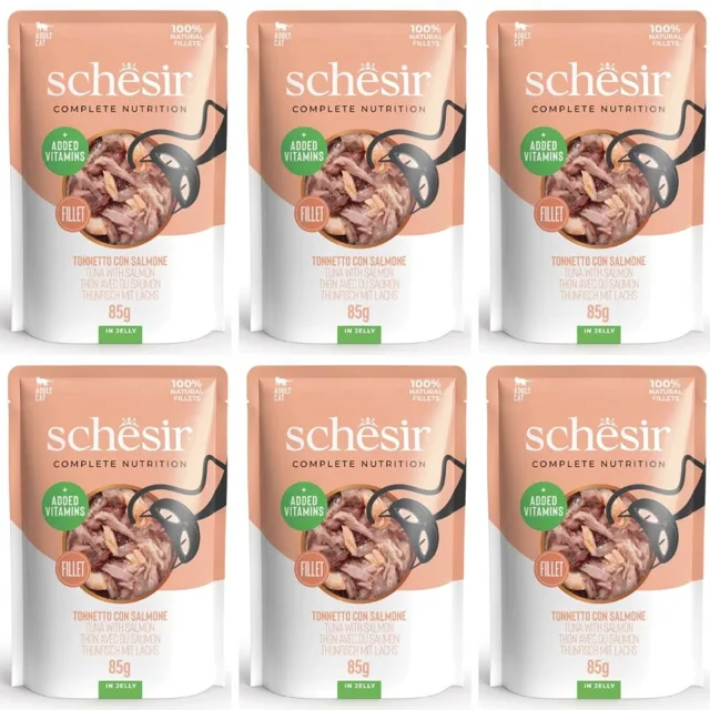 SCHESIR Tuňák s lososem v želé pro kočky 6x85g