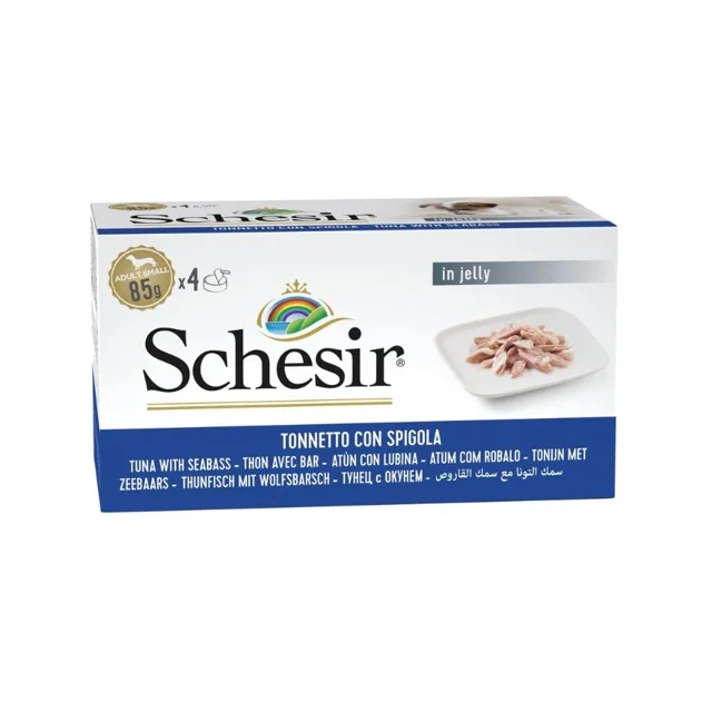 SCHESIR Tuňák s mořským okounem v želé 4x85 g konzervy pro psy