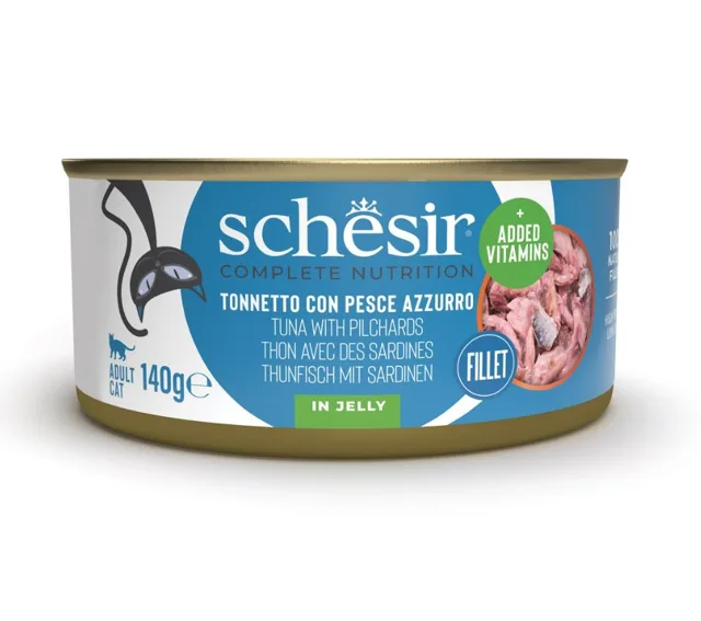 SCHESIR Tuňák se sardinkami v želé 140 g konzerva pro kočky