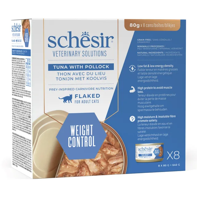 Schesir Veterinary Solutions Weight Control 8 x 80 g - tuňák a treska tmavá