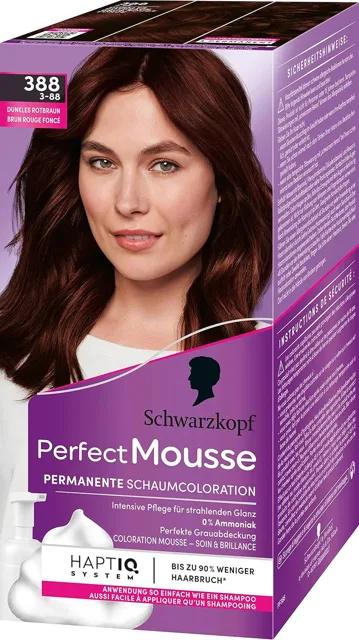 Schwarzkopf Perfect Mousse – pěnová barva na vlasy s trvalým účinkem 388 Dark Red Brown, poškozená krabice