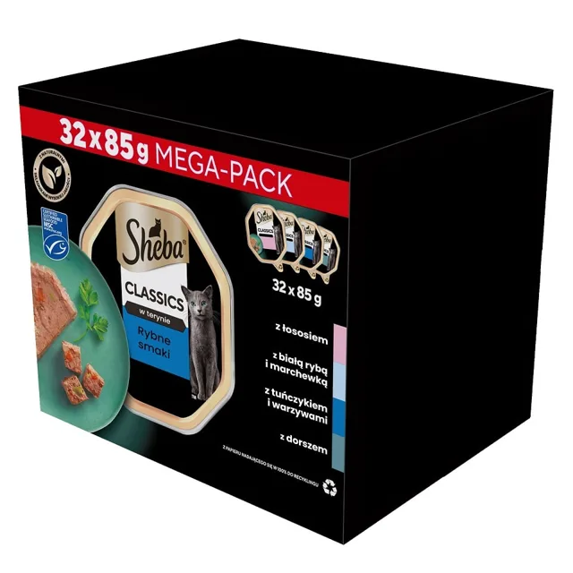 SHEBA Classic in Pate Ocean Selection mix rybích příchutí ve formě paštiky bílá ryba, treska, losos a tuňák 32x85g