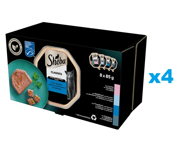 SHEBA Classics Rybí Smaki 32x85 g kompletní krmivo pro dospělé kočky v terině s lososem, bílou rybou a mrkví, tuňákem a zeleninou, treska