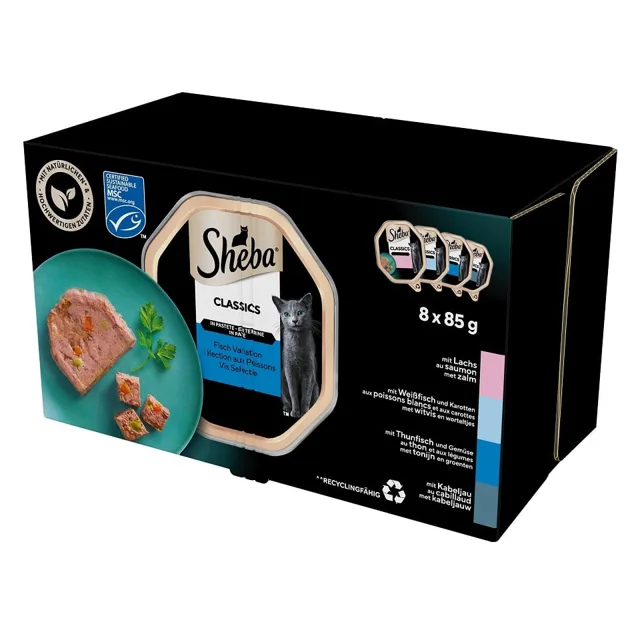SHEBA Classics Rybí Smaki tácky 8x85 g v terině s lososem, bílou rybou a mrkví, tuňákem a zeleninou, treska