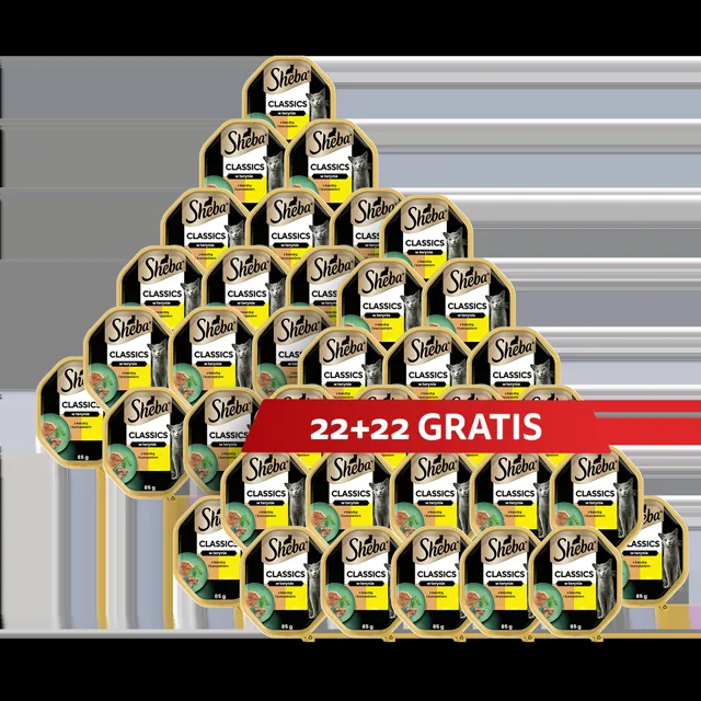 SHEBA Classics tray 44 x 85 g kompletní mokré krmivo pro dospělé kočky s kachnou a kuřetem v terině 22+22 ZDARMA