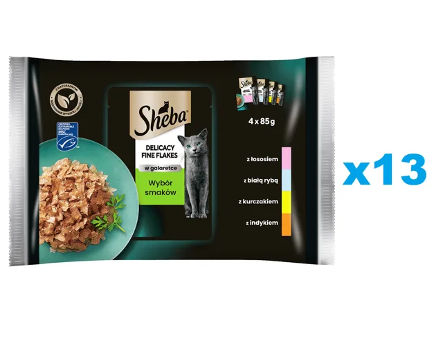 SHEBA Delicacy Fine Flakes výběr příchutí sáčky 52x85 g kompletní krmivo pro dospělé kočky v kouscích želé s: lososem, bílou rybou, kuřecím masem, krůtím masem