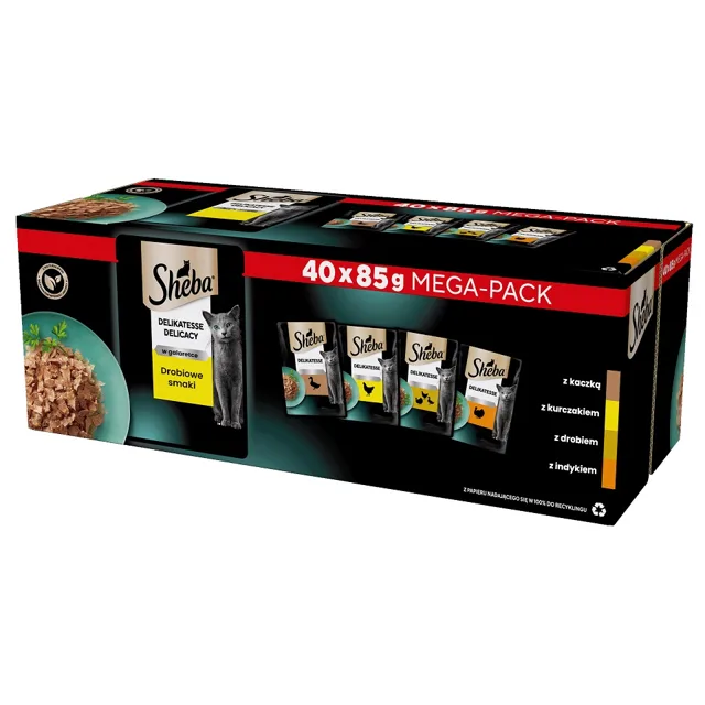SHEBA Delicacy Poultry Flavors sáčky 4 x 40x85 g kompletní mokré krmivo pro dospělé kočky v želé kouskoch s kachnou, kuřetem, drůbeží a krůtou 3+1 ZDARMA
