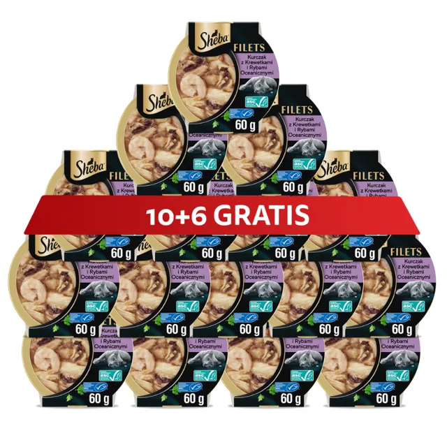 SHEBA Filets mokré krmivo pro kočky kuře, ryba, krevety 60g 10+6 ZDARMA