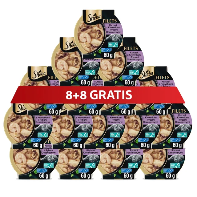 SHEBA Filety s kuřecím masem, mořskými rybami a krevetami v omáčce 16 x 60 g mokré krmivo pro kočky 8+8 ZDARMA