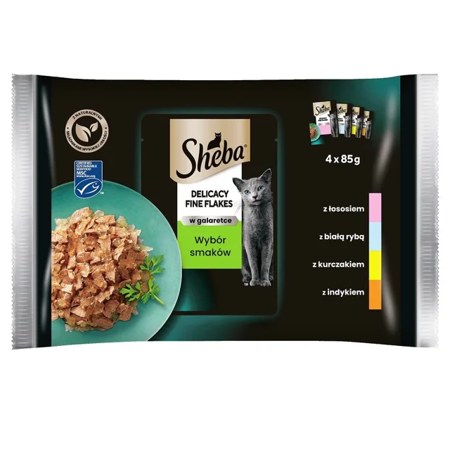SHEBA Fine Flakes in Jelly kapsička - krmivo pro kočky v želé (s bílou rybou, lososem, krůtou, kuřetem) 4x85g