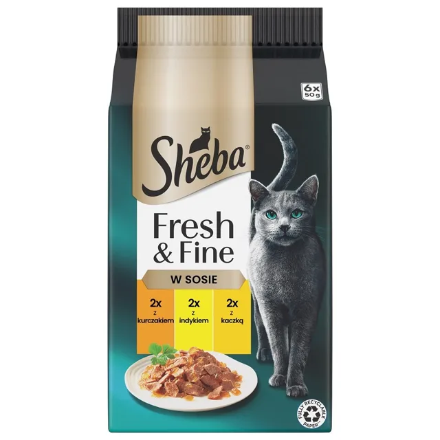 SHEBA Fresh &amp; Fine 6x50 g sáčky mokré krmivo pro kočky v omáčce s kuřecím masem, krůtím mase