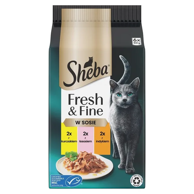 SHEBA Fresh &amp; Fine sáčky 6x50 g mokrá strava pro kočky v omáčce s kuřecím masem, s lososem, s krůtím masem