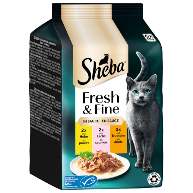 Sheba Fresh & Fine kapsičky 6 x 50 g - kuřecí, losos a krůta v omáčce