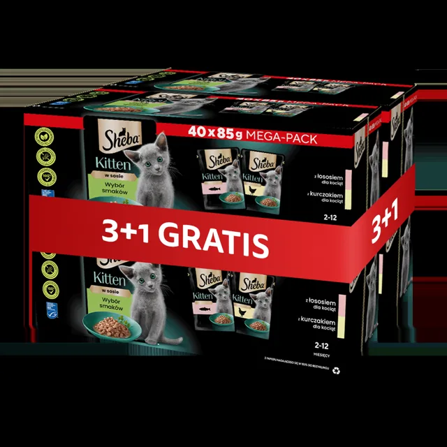 SHEBA Kitten Selection of Flavors sáčky 4 x 40x85 g v omáčce kousky s lososem, kuřetem pro koťata 3+1 ZDARMA
