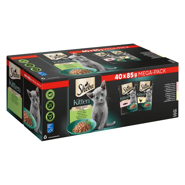 Sheba Kitten variace kapsiček 40 × 85 g - Jemná rozmanitost v omáčce (losos, kuřecí)