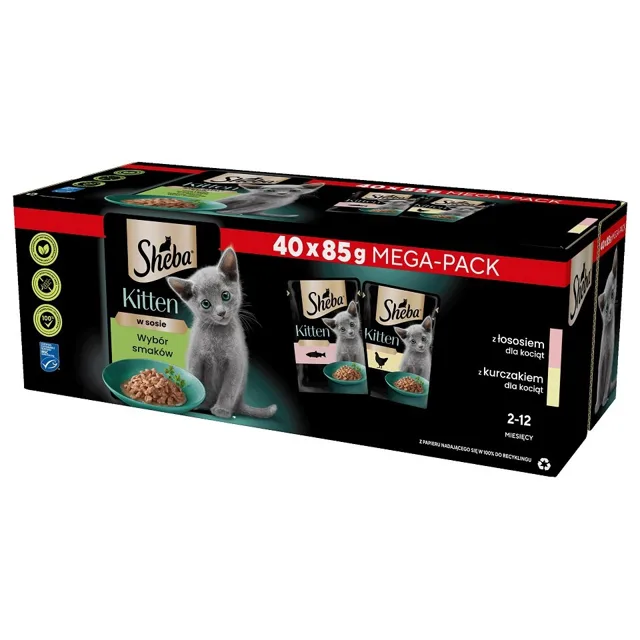 SHEBA Kitten Výběr příchutí 40x85g sáčky v kouscích omáčky s lososem, kuřecím masem pro koťata