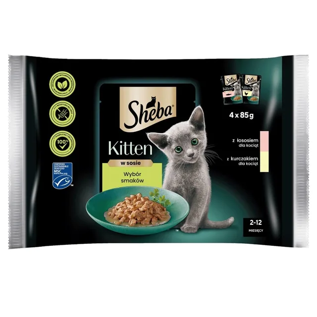SHEBA Kitten Výběr příchutí, 5x4x85g kapsičky, kompletní krmivo pro koťata v omáčce, kousky s: losos, kuřecí maso