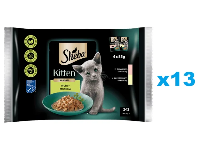 SHEBA Kitten výběr příchutí, kapsičky 52x85 g, kompletní krmivo pro koťata v omáčce, kousky s: losos, kuřecí maso
