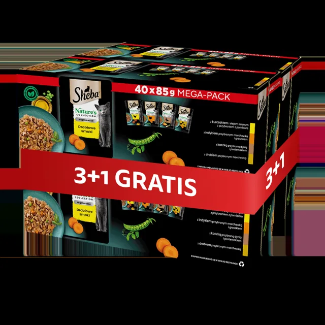 SHEBA Nature’s Collection Drůbeží příchutě 4 x 40x85 g kousky v želé s kuřecím, krůtím, kachním a drůbežím masem pro dospělé kočky 3+1 ZDARMA