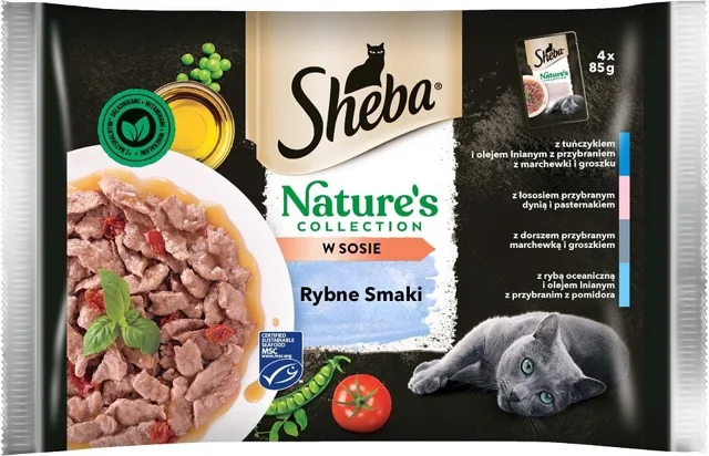 SHEBA  Nature’s Collection Kompletní mokré krmivo rybí Smaki pro dospělé kočky v omáčce z tuňáka a lněného oleje, 4x85 g kapsička
