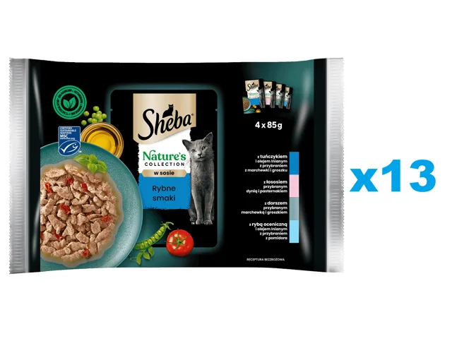 SHEBA Nature’s Collection Rybí Smaki 52x85 g kompletní krmivo pro dospělé kočky v omáčce, kousky s tuňákem, lososem, treskou a mořskými rybami
